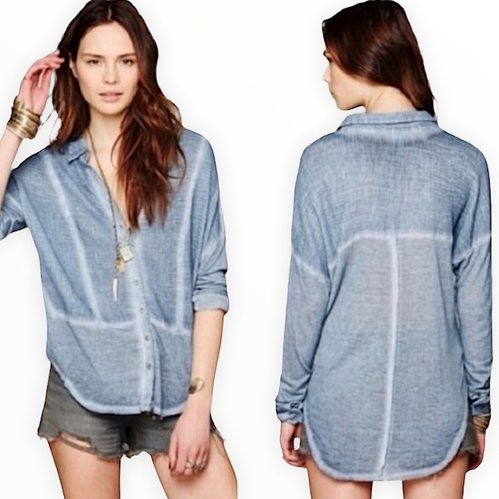 Free People blue Zahara Gauze button down top L